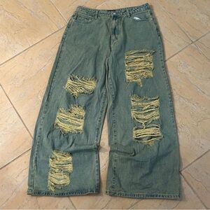 Distressed Wide Leg Jeans - Green